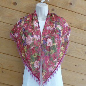 Pink Floral Rose Shawl Scarf Beaded Fringes Wrap Vintage Hand Beaded Sheer
